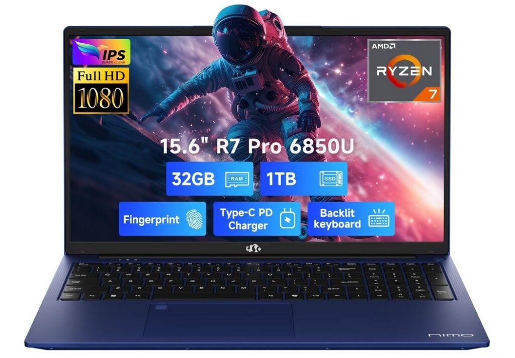 NIMO Laptop15.6" FHD Light-Gaming-Laptop, 8 Cores AMD Ryzen 7 Pro 6850U 32GB LPDDR5 RAM 1TB SSD (Beat i7-1360P Up to 4.7GHz) GPU AMD Radeon 680M IPS Computer with 100W Type-C Backlit Keyboard Fingerprint