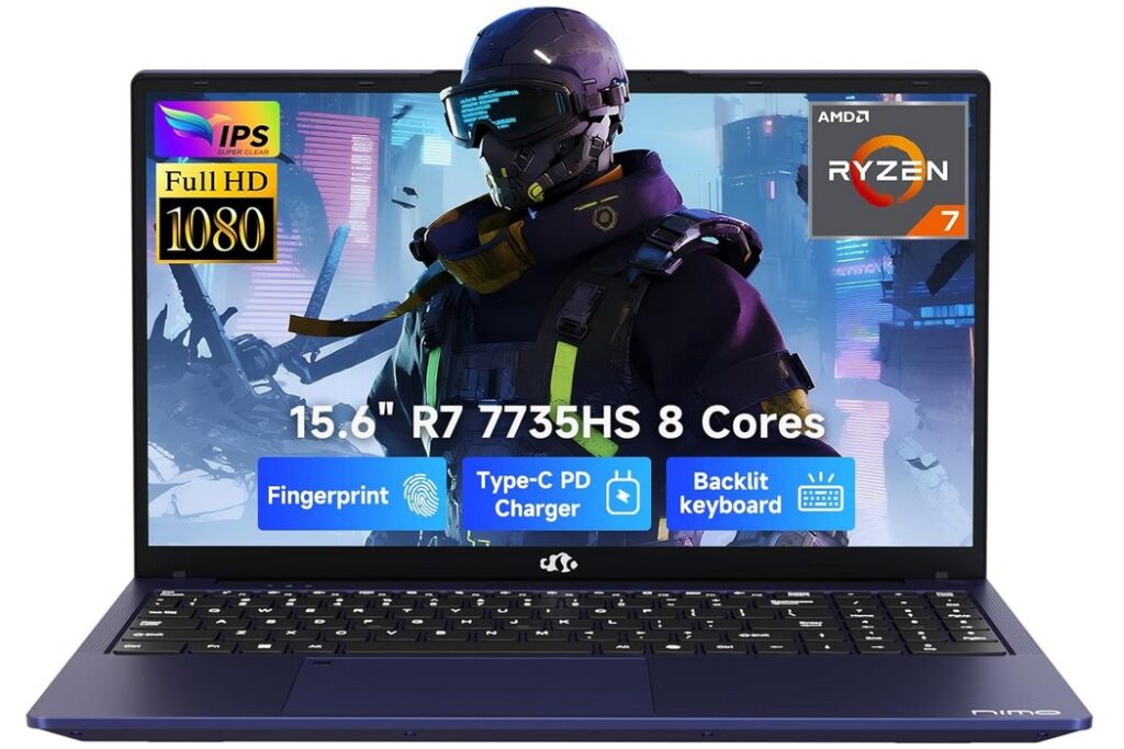 NIMO Laptop Light Gaming Laptop, 15.6 FHD IPS Display, AMD R7 7735HS (Up to 4.75 GHz, Beat i7-12650H) Computer with 16GB DDR5 RAM 256GB SSD, 180° Vewing, Radeon 680M, HDMI, Portable for Business, College